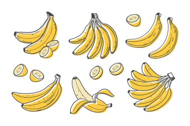 El yapımı muz meyvesi koleksiyonu. Muz, yarım soyulmuş ve dilimlenmiş muz, bir demet muz..