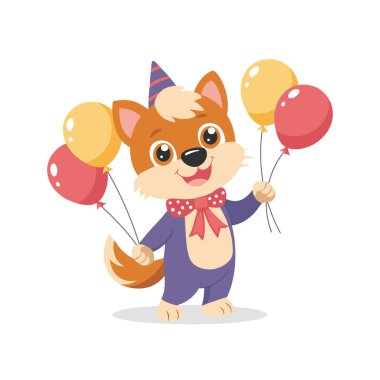 Balonlu parti şapkalı mutlu bir köpek yavrusu tasviri. Şenlikli bir illüstrasyon. Doğum günü kartı.