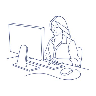 Masasındaki bilgisayarda çalışan bir kadın görevine odaklanmış. Çizim, çizgi çizimi.