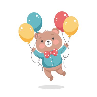 Renkli balonları olan mutlu sevimli oyuncak ayı. Şenlikli bir illüstrasyon. Doğum günü kartı.