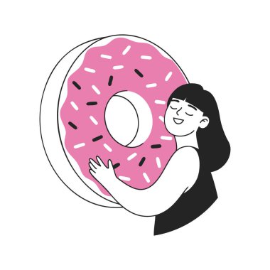 Mutlu kadın kocaman tatlı bir çöreğe sarılıyor. Minimalist karalama çizimi.