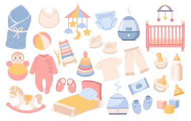 Yeni doğan aksesuarlar hazır. Bebek bakım malzemeleri. Yeni doğanlara ve bebeklere bakmak ve beslemek için malzemeler. Düz Çizim.