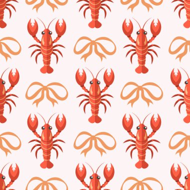 Istakoz ve yay ile kusursuz desen. Yaz mevsiminde sürekli deniz ürünleri. Akdeniz tasarım arka planı.