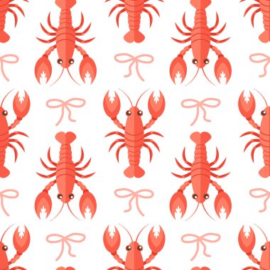 Istakoz ve yay ile kusursuz desen. Yaz mevsiminde sürekli deniz ürünleri. Akdeniz tasarım arka planı.