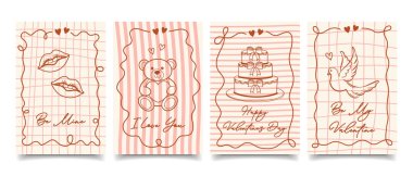 Dekoratif ikonlu şirin sevgililer günü kartları. Coquette estetik şablonlar, kalpler ve yaylar. El çizimi illüstrasyon.