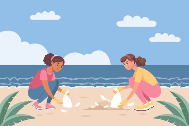 Kadınlar sahilde çöp topluyor. Kumsal çöplerini temizleyen gönüllüler. Çevre konsepti. Görüntü.
