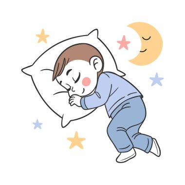 Sevimli erkek bebek geceleri ay ve yıldızlarla yatakta uyuyor. Çizgi çizimi.