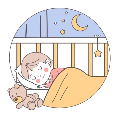 Cute baby girl sleeping in bed with teddy bear in a crib at night. Line art illustration.