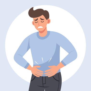 Karın ağrısı ve rahatsızlığı olan bir adam. Sağlık ve tıp illüstrasyonu.