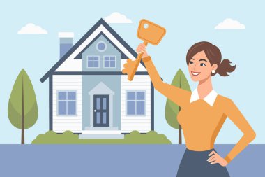 Mutlu kadın elinde anahtarla yeni ev sahipliğini kutluyor. Yeni evin ya da dairenin anahtarı genç kadındaydı..