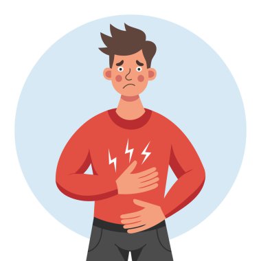 Karın ağrısı ve rahatsızlıktan muzdarip üzgün bir adam. Sağlık ve tıp illüstrasyonu.