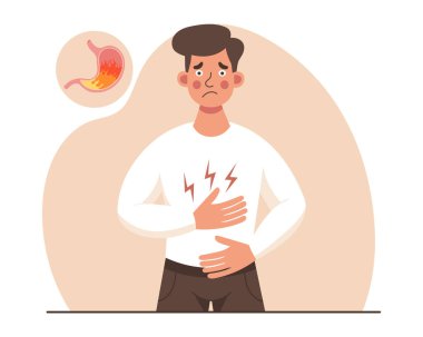 Karın ağrısı ve rahatsızlıktan muzdarip üzgün bir adam. Mide ekşimesi olan adam. Sağlık ve tıp illüstrasyonu.