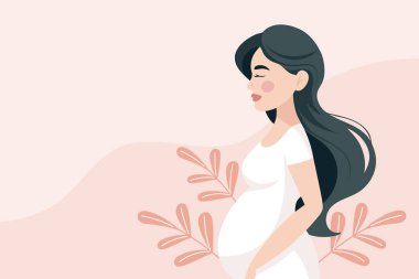 Pembe arka planda çiçekli ve yapraklı, tatlı, hamile bir anne. Hamile kadın çizimi.