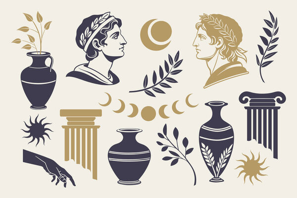 Collection of decorative elements inspired by ancient Greek and Roman mythology. Statues, columns, jugs, olive branches.