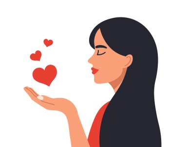 Güzel bir kadın sevgilerini ve kalplerini gönderiyor. Kalpleri tutan kadın. Görüntü.