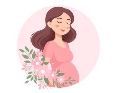 Çiçek aksanlı, hamile bir anne. Hamile kadın çizimi.