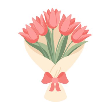 Bir buket pembe lale ve bir fiyonk. Anneler Günü için zarif çiçek çizimleri, bahar kartları, düğün davetiyeleri..