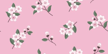 Pembe arka planda kiraz çiçekleri olan kusursuz bir desen. Kumaş izi.