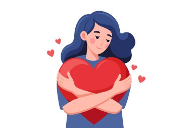 Kadın kocaman bir kalbe sarılıyor. Kızın pembe bir kalbi var. Aşkın ve kendine bakmanın sembolü. Görüntü.