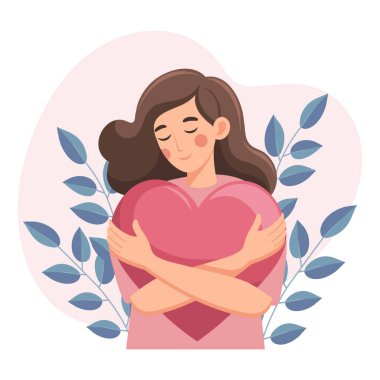 Kadın kocaman bir kalbe sarılıyor. Kızın pembe bir kalbi var. Aşkın ve kendine bakmanın sembolü. Görüntü.