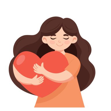 Kadının kocaman kırmızı bir kalbi var. Kız, aşkın ve kendine bakmanın sembolü olan kırmızı bir kalbe sarılıyor. Görüntü.