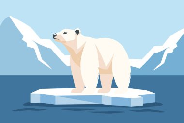 Kutup ayısı, Kuzey Kutbu 'nda bir buz kütlesi üzerinde okyanus ve kar dağlarının arka planında. Görüntü.