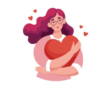 Kırmızı bir kalbe sevgi ve sevgiyle sarılan bir kadın. Kız sevgi ve kendine bakmanın sembolünü taşıyor. Görüntü.