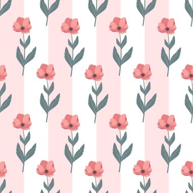 Çizgili arka planda kırmızı gelincikler olan kusursuz bir desen. Kumaş izi.