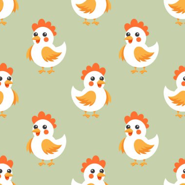 Kusursuz desenli, yeşil arka planda sevimli komik tavuklar. Çocuksu baskı.