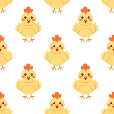 Kusursuz desenli, beyaz arka planda sevimli sarı piliçler. Çocuksu baskı.