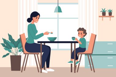 Anne karnını doyuruyor. Anne ve oğlu evde birlikte kahvaltı yapıyorlar. Görüntü.