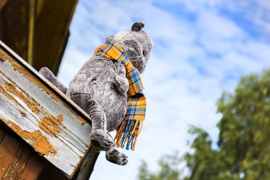 peluş oyuncak İngiliz kedi eski evin çatısına oturur.