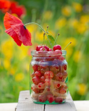 frash kiraz bir cam kavanoza parlak flowe masada kalmak