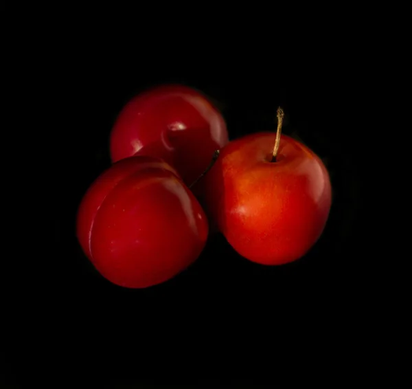 Tre røde plommer isolert på hvit bakgrunn – stockfoto