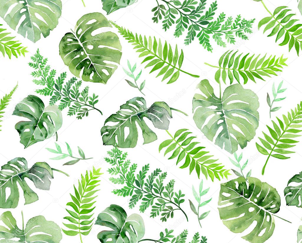 Botanical leaves,set of tropical leaves: seamless green leafs Hand painted watercolor illustration isolated on white