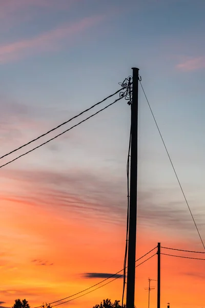 Silhouettes Electric Poles Wires Summer Sunset — Stock Photo, Image