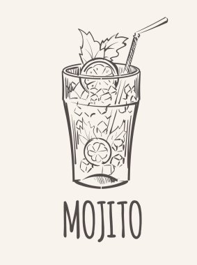 Buzlu soğuk alkollü Mojito, çizim vektörü.