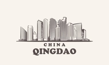 Qingdao şehir manzarası çizimi el çizimi, Çin vektör illüstrasyonu