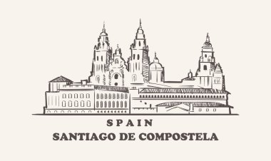 Santiago De Compostela şehir çizimi el çizimi, İspanya vektör illüstrasyonu