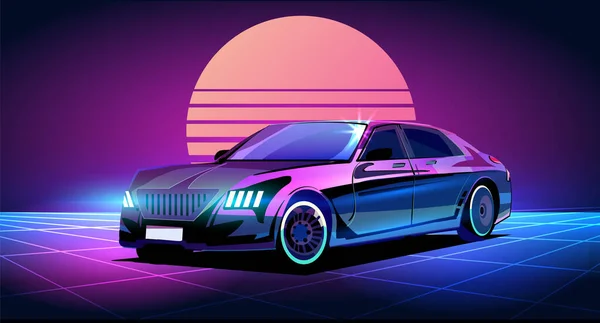 Cyberpunk Business Car Retrowave Style 80S Illuminated Neon Vector — Stock Vector