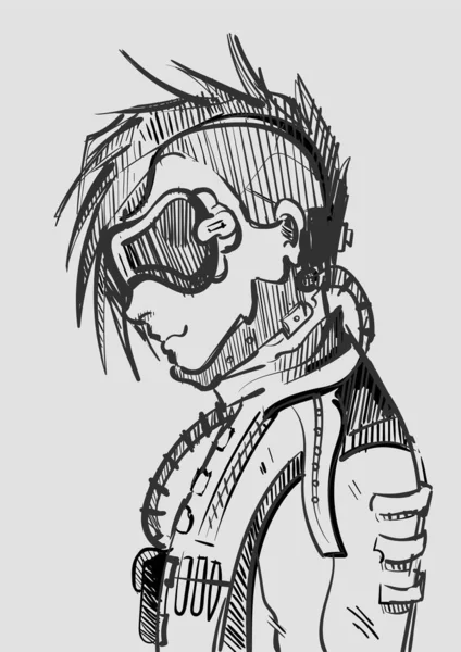 Cool Cyberpunk Guy Dans Une Veste Cuir Lunettes Vecteur Croquis — Image vectorielle