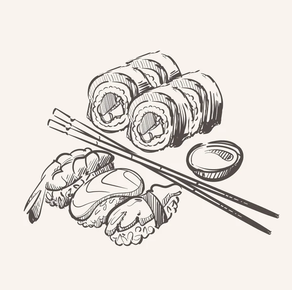 Sushi Készlet Roll Evőpálcikával Szósszal Vázlatvektor — Stock Vector