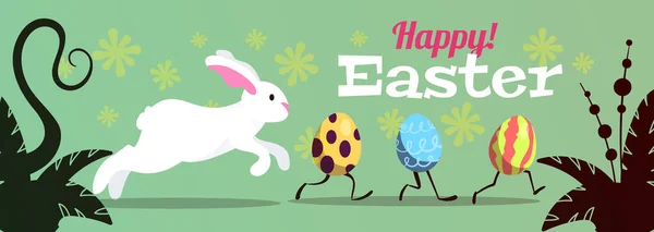 White Hare Rabbit Runs Fleeing Easter Eggs Vector — Stock Vector