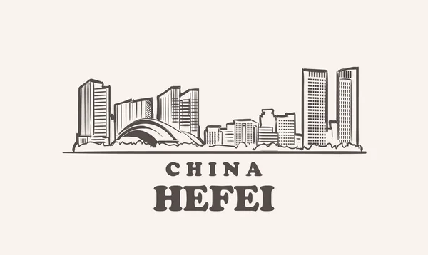 Hefei Cityscape Esboço Mão Desenhada Vetor China —  Vetores de Stock