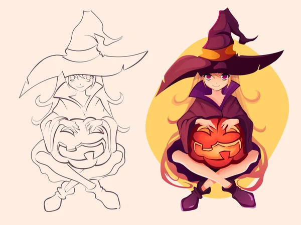 Kawaii Anime Girl Witch Line Art Vector — Vettoriale Stock