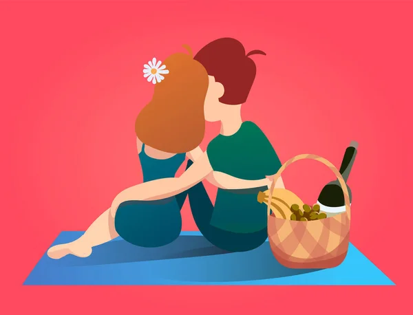 Los amantes se abrazan en un picnic romántico, ilustración vectorial — Vector de stock