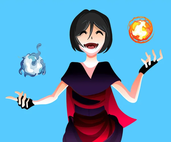 Gadis penyihir anime dengan sihir elemen air dan bola api, vektor - Stok Vektor