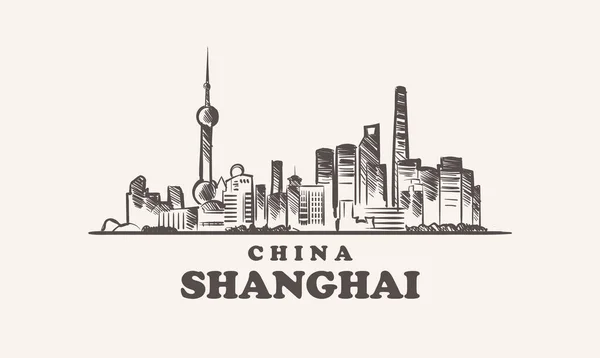 Gambar tangan sketsa pemandangan kota Shanghai, ilustrasi vektor cina - Stok Vektor