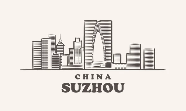 Suzhou cityscape esboço mão desenhada, china vetor ilustração — Vetor de Stock