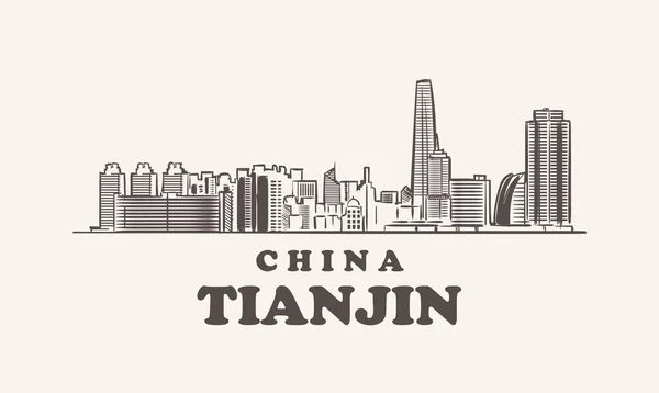 Tianjin cityscape esboço desenhado à mão, ilustração vetor china — Vetor de Stock